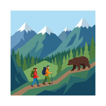 Two hikers walking on a mountain trail encounter a wild brown bear
