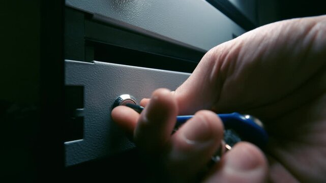 Man Hand Unlocking Mailbox with Key Close Up | Wide Angle Shot of Person Opening Metal Post Box Lock | Mail Delivery Security Concept