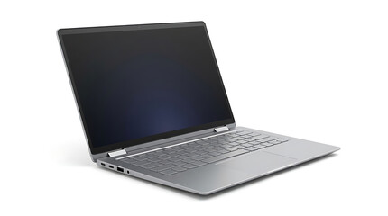 Fototapeta premium Open silver laptop with dark screen at three-quarter angle isolated on white background