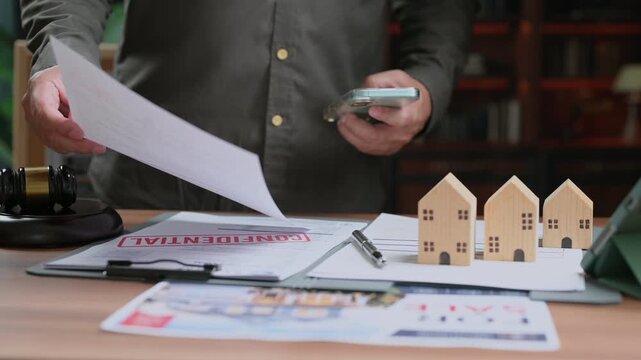 Person reviewing real estate contract holding phone near wood house model gavel desk negotiating property investment agreement paperwork buying decision signing legal document office desk room setup.