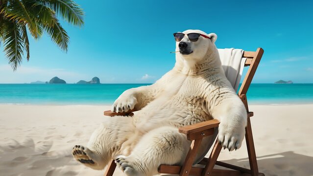 A relaxed polar bear wearing sunglasses sitting on a wooden beach chair under a bright blue sky on a sandy shore
