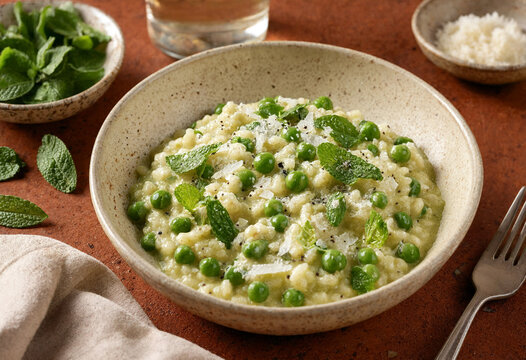 Creamy green pea and mint risotto with parmesan cheese. Authentic Italian vegetarian meal in a rustic ceramic bowl