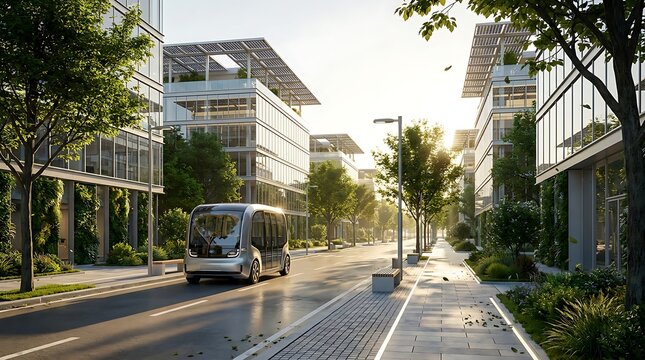 Autonomous electric shuttle pod driving along sunlit eco friendly green city street
