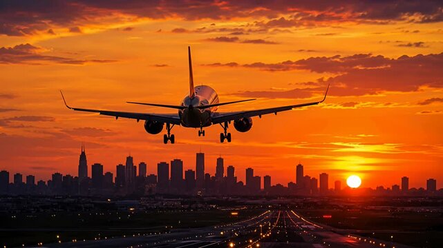 airplane landing at sunset over city skyline with runway lights
