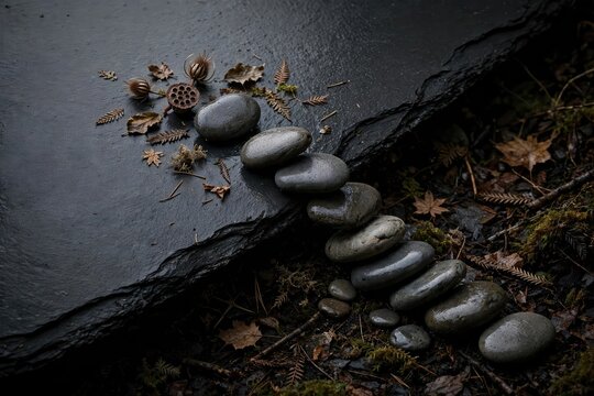 Smooth River Stones Path on Dark Slate Background