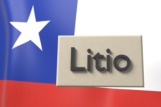 Litio concept, Chile flag waving behind a paper sign with the headline, 3D illustration. Translates to: 'Lithium'