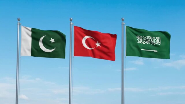 Pakistan Turkey Saudi Arabia Flags Waving Against Sky