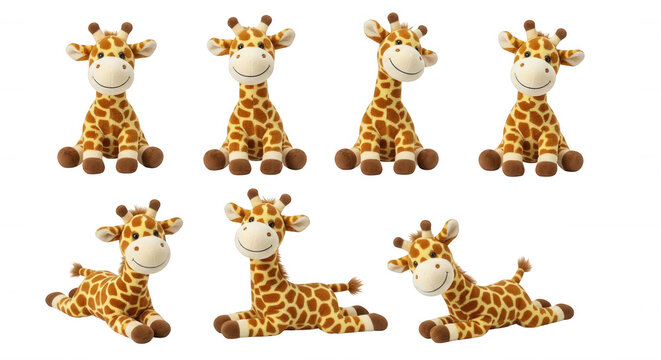 cute plush giraffes posing on a white background likely for a childrens product or toy advertisement