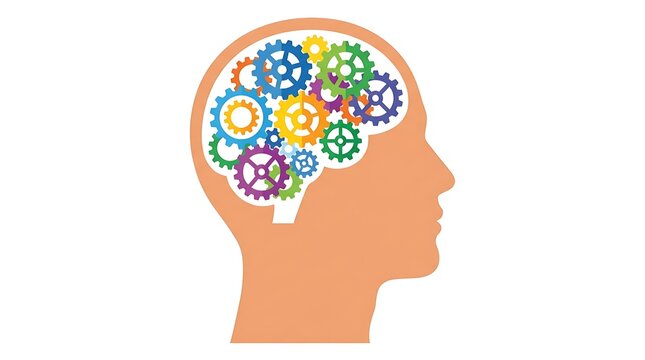 Brain concept illustration showing colorful gears inside a head