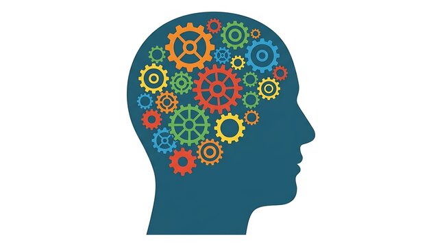 Thinking concept with dense network of gears inside human head
