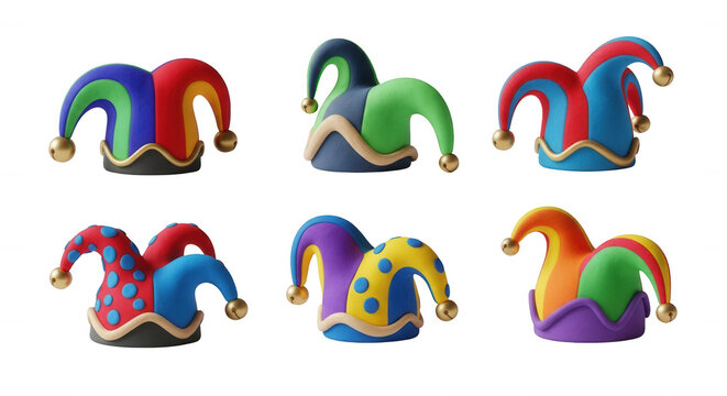 colorful clay jester hats arranged on a white background playful themes for celebration and design usage