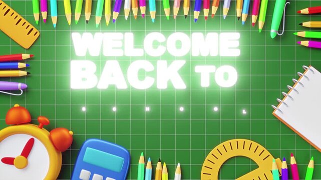 Bright 3D animation of welcome back to school phrase on green mat