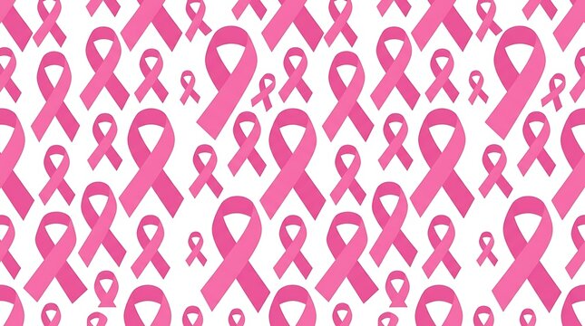 Pink awareness ribbons scattered on white background