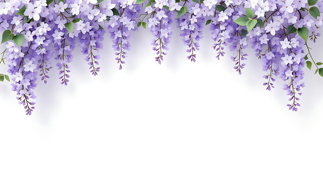 Lilac wisteria vines forming a floral border over white copy space