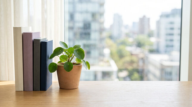 Potted plant and books on wooden desk in modern office workspace