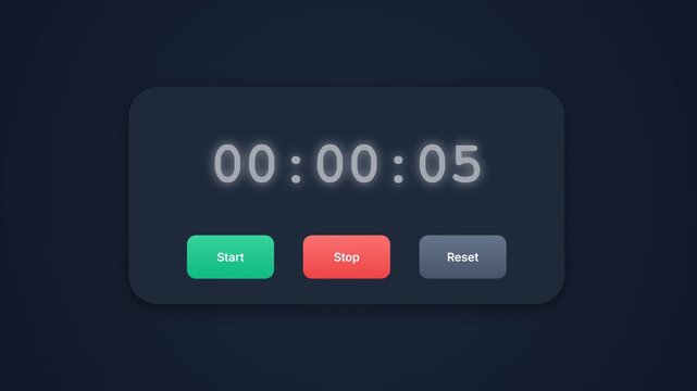 Modern Digital Stopwatch Interface with Start Stop and Reset Buttons Counting Up on Dark Background