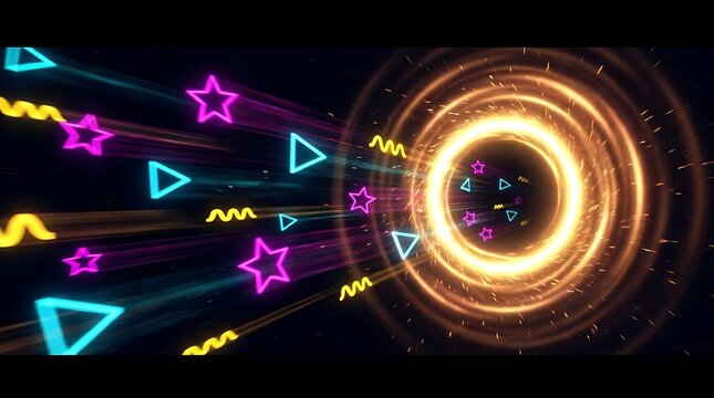 Neon shapes flying through a glowing golden vortex