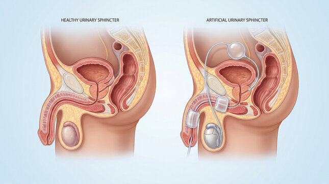 Male Urinary System with Artificial Urinary Sphincter Implant