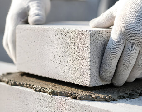 Aerated concrete block installation, mason hands laying lightweight brick on mortar, construction