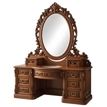 Antique wooden dressing vanity with ornate mirror