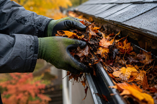 Gutter cleaning service in autumn. Gloved hands removing wet fall leaves from roof gutters.