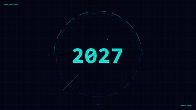 Futuristic Digital HUD Interface Showing Year 2027 Loading Display