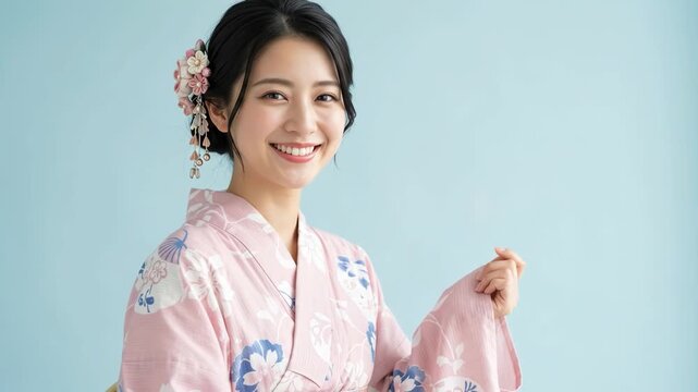 ピンク色の花柄の浴衣を着て袖を持ち微笑む女性