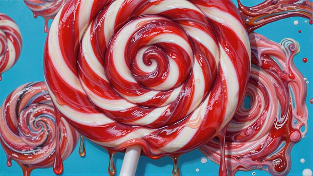 Vibrant red and white swirled lollipops dripping candy against a bright blue background.