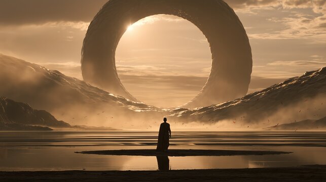 Silhouette of person standing on misty lakeshore facing giant ancient stone ring portal at golden sunset, Greek mythology themed horizontal banner,Homer epic Iliad Odyssey myth