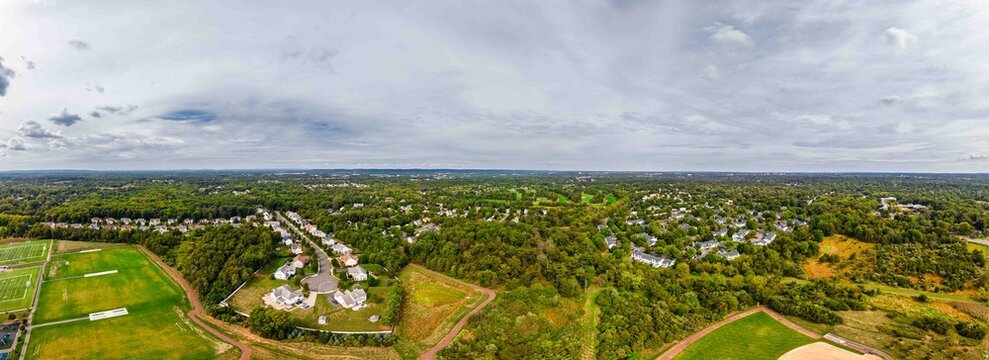 Aerial Panorama of Suburban New Jersey with Sports Fields