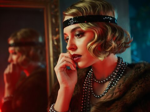 Young woman in 1920s flapper style with blonde wavy hair, headband, and pearl necklace looking into a vintage mirror