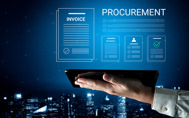 Obraz premium A hand holds a tablet displaying digital documents related to procurement and invoice processes, set against a vibrant night skyline, illustrating modern business technology. Cyphers