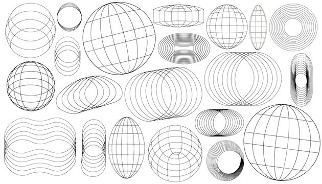 Abstract Geometric Shapes: Wireframe Orbs, Spheres, and Toroids in Monochrome
