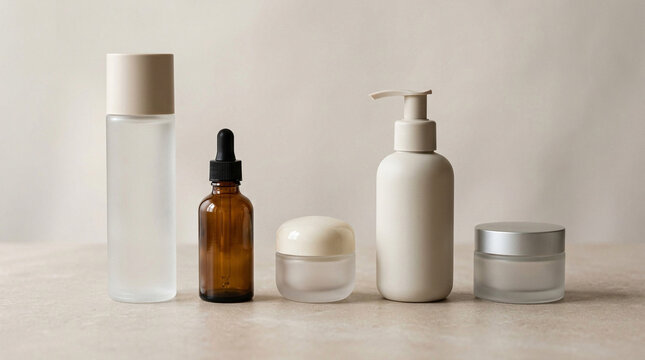 Set of cosmetic bottles and jars for skincare products on a neutral background