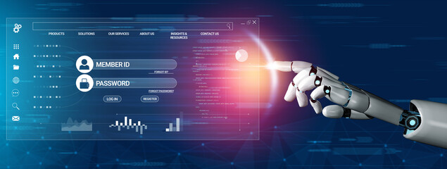Obraz na płótnie Canvas Futuristic robotic hand interacting with digital interface, showcasing login screen with member ID and password fields against blue abstract background Haptic.