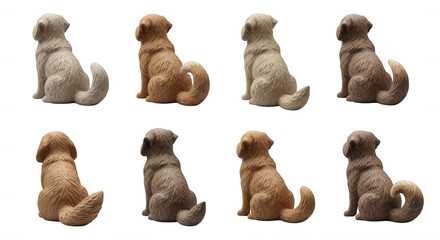 Fototapeta premium eight dog figurines rear view seated poses varying colors white backdrop pet related design product mockups and illustrative content
