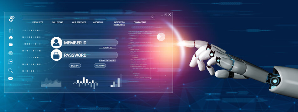 Futuristic robotic hand interacting with digital interface, showcasing login screen with member ID and password fields against blue abstract background Haptic.