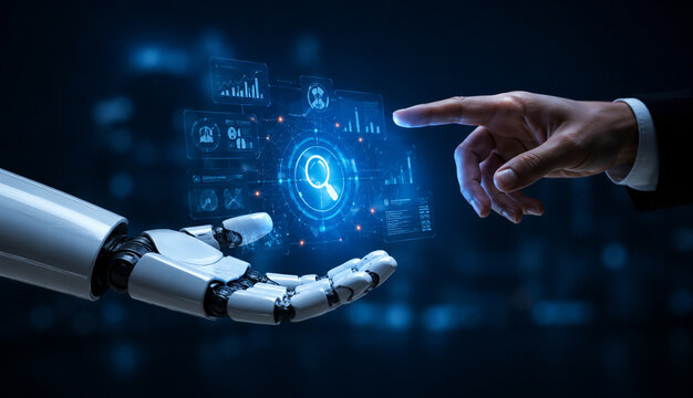 AI generated human robotic hands interacting glowing search interface representing artificial intelligence data analysis automation research innovation digital collaboration