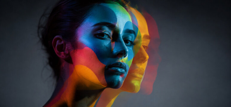 AI generated colorful woman portrait layered double exposure faces vivid neon tones symbolizing identity emotion creativity transformation diversity self expression