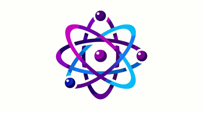 Stylized purple and blue atom model icon.