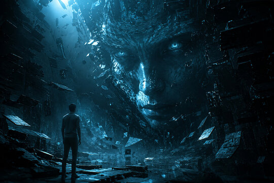 AI generated lone man facing colossal mysterious face inside ruined archive filled books flying papers representing knowledge power fear discovery hidden truth