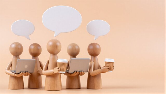 Five wooden figures with laptops and speech bubbles, symbolizing teamwork or communication.