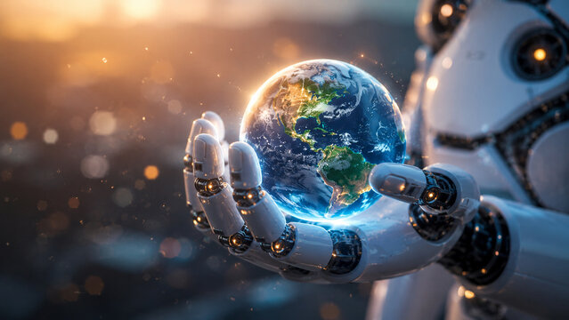 AI generated futuristic robot holding glowing Earth representing artificial intelligence global technology sustainability innovation environmental protection connected future