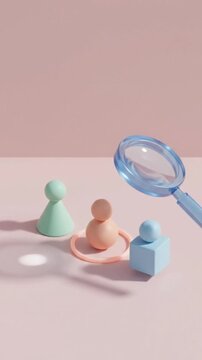 3D motion graphics footage of a magnifying glass selecting a candidate among geometric figures.