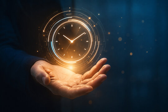AI generated glowing futuristic clock floating above an open human hand representing time management technology productivity planning deadlines efficiency digital innovation