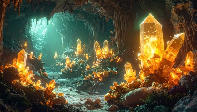 Luminous crystals glowing in a dark underground cavern.