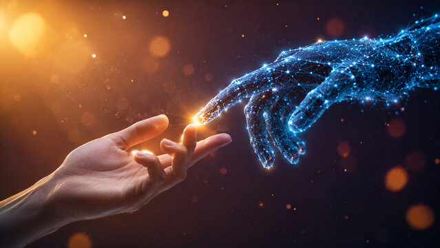 AI generated human digital hands touching glowing spark representing artificial intelligence connection innovation collaboration communication future technology