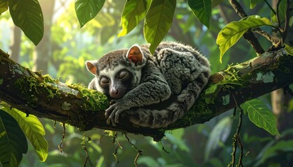 Obraz premium Lemur sleeping peacefully on a thick tropical tree branch.