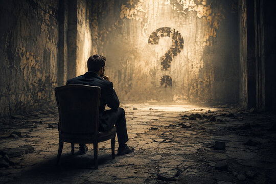 AI generated businessman sitting alone before large question mark an abandoned room representing uncertainty decision making confusion doubt challenge reflection problem solving