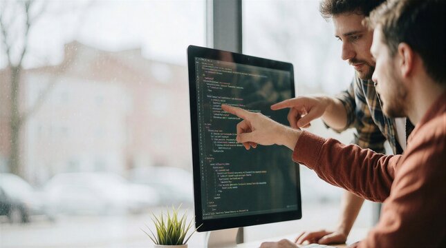 Two male developers reviewing computer code on a monitor in a bright office